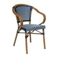 Flash Furniture Indoor/Outdoor Commercial French Bistro Stacking Chair with Arms Navy and White PE Rattan and Bamboo Print Aluminum Frame in Natural