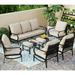 simple VILLA 4 Piece Patio Conversation Sets Outdoor Deluxe Metal Furniture Patio Set with 3 Seater Padded Deep Seating Bench 2 Swivel Cushioned Armrest Sofa Chairs and 1 Good-Looking