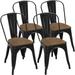 Metal Chairs Dinning Room Chairs Indoor-Outdoor Chairs Stackable Side Chairs Industrial Chairs With Back And Wood Seat/Top Set Of 4 Black