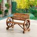 Wooden Wagon Wheel Bench 2-Person Outdoor Rustic Chair Country Yard With Backrest Burnt-Finished