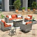 Vcatnet Direct 9 Pieces Patio Furniture Outdoor Sectional Sofa Wicker Conversation Set with Rocking Chair and Fire Pit Table for Garden Porch Orange red