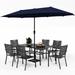 simple VILLA Outdoor 10ft Patio Umbrella Set for 4 with 5 Pieces Dining Table Chairs Metal Outdoor Stackable Wrought Iron Chair Set of 4 & 37 Metal Table 3 Tier Vented Dark Blue