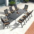 durable LEAF 9 Pieces Outdoor Patio Dining Set with 8 Folding Portable Chairs and 1 Rectangle Aluminum Table Foldable Adjustable High Back Reclining Chairs with Soft Cotton-Padded Seat