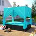 Patio Furniture Sets Outdoor Daybed Patio Adjustable Recliner All-Weather PE Rattan Wicker Sunbed Daybed With Curtains Blue+Black