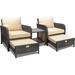 Balcony Furniture 5 Piece Patio Conversation Set PE Wicker Rattan Outdoor Lounge Chairs with Soft Cushions 2 Ottoman&Glass Table for Porch Lawn-Brown Wicker