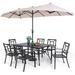 durable VILLA 5 Piece Patio Dining Set with 10ft Umbrella 37 Square Metal Dining Table & 4 Stacking Metal Chair with 3 Tier Navy Umbrella for Outdoor Deck Yard Porch