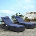 Outdoor Patio Chaise Lounge Chair Lying In Bed With Pe Rattan And Steel Frame Pe Wickers Pool Recliners With Elegant Reclining Adjustable Backrest And Removable Cushions Sets Of 2(Black+Navy Blue)