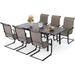 durable VILLA 9 pcs Patio Dining Set Large Square Table with Umbrella Hole and 8 Spring Dining Chairs Quick-Drying Textilene Fabric & E-Coating Rustproof for All-Weather