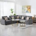 Miekor Furniture Nolan 106 Gray Linen Fabric 6Pc Reversible Sectional Sofa with a USB Charging Ports Cupholders Storage Console Table and Pillows and Interchangeable Legs W5U559