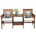 Canddidliike 3 pcs Outdoor Patio Table Chairs Set Outdoor Patio Furniture Set with Acacia Wood Loveseat-White