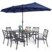 durable VILLA 5 Piece Patio Dining Set with 10ft Umbrella 37 Square Metal Dining Table & 4 Stacking Metal Chair with 3 Tier Navy Umbrella for Outdoor Deck Yard Porch