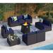 6 Pieces Outdoor Patio Furniture Set with 45 Plate Embossing Propane Fire Pit Table Outdoor Wicker Sectional Sofa Conversation Set with Blue Cushions & Coffee Table