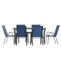 Flash Furniture 7 Piece Commercial Grade Patio Dining Set with Tempered Glass Patio Table and 6 Chairs with Navy Flex Comfort Material Seats and Backs