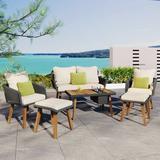 Churanty Patio Outdoor Conversation Set for 2 with Ottomans 6 Pieces Outdoor Rope Furniture Set Loveseat Sofa & Two Stools Acacia Wood Cool Bar Table with Ice Bucket Black & Beige