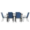 Merrick Lane 7 Piece Outdoor Dining Table Set for 6 with Glass-Top Patio Table and 6 Stack Chairs with Flex Comfort Material in Navy