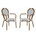 Emma + Oliver Set of Two Indoor/Outdoor Stacking Thonet French Bistro Style Chairs with Arms White & Navy PE Rattan Seat and Nat Bamboo Finished Metal Frame