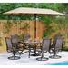 simple 6 Pieces Outdoor Dining Set with Umbrella Patio Furniture Set with 4 Sling Dining Swivel Chairs 1 x 37 Wood-Like Table and 1 x 10ft 3 Tiers Umbrella (Beige)