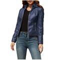 Winter Savings Clearance! Kukoosong Womens Leather Jacket Shacket Jacket Plus Size Faux Motorcycle Plain Zip up Short Coat with Pocket Long Sleeve Casual Collar Outerwear Tops Blue 2XL