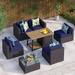 simple 6 Pieces Outdoor Patio Furniture Set with 45 Plate Embossing Propane Fire Pit Table Outdoor Wicker Sectional Sofa Conversation Set with Blue Cushions & Coffee Table