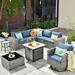 Vcatnet Direct 9 Pieces Patio Furniture Outdoor Sectional Sofa Wicker Conversation Set with Rocking Chairs and Fire Pit Table for Garden Poolside Denim blue