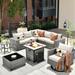 Vcatnet Direct 9 Pieces Patio Furniture Outdoor Sectional Sofa Wicker Conversation Set with Rocking Chairs and Fire Pit Table for Garden Poolside Beige