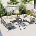 5-Piece Outdoor Sectional Sofa Set Modern Multi-Function Patio Woven Rope Furniture Set with Glass Table and Cushions Couch Conversation Table Chair Set for Backyard and Garden Gray + Beige