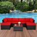 durable Pieces Outdoor PE Wicker Furniture Set Patio Rattan Sectional Conversation Sofa Set with Navy Blue Cushions and Glass Top Table