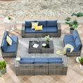 Vcatnet Direct 12 Pieces Patio Furniture Outdoor Sectional Sofa Wicker Conversation Set with Coffee Table for Garden Porch Denim blue