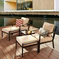 Outdoor Conversation Set Patio Furniture Sofa Club Chairs With Ottomans And Coffee Side Table Beige Cushions