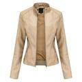 Zpanxa Winter Jackets for Women Slim Leather Jackets Stand-Up Collar Zipper Motorcycle Biker Coat Stitching Solid Color Coat Outwear Beige XL