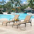 3 Pieces Outdoor Chaise Lounge Set Patio Pool Chairs Adjustable Back Steel Teslin With Coffee Table Beige