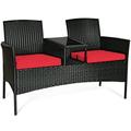 Canddidliike 3 Piece Patio Conversation Bistro Set Balcony Furniture Outdoor Rattan Patio Conversation Set with Built-in Coffee Table and Cushions for Garden Porch Yard Red