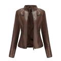 KIHOUT Women s Jacket Fall Winter Deals Slim-Fit Leather Stand-Up Collar Zipper Motorcycle Suit Thin Coat Jacket