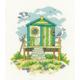 Green Beach Hut Counted Cross Stitch Kit from Heritage Crafts- By the Sea range, designed by Karen Carter, beach scene