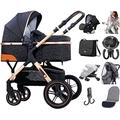 Stroller 3 in 1 Toddler Pushchair Foldable Lightweight Ultra Compact Infant Prams with Mommy Bag Rain Cover Footmuff Blanket Cooling Pad Mosquito Net for 0-3 Years Old Black