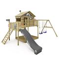 WICKEY Wooden climbing frame Smart Coast with swing set & anthracite slide, Outdoor kids playhouse with sandpit, climbing ladder & play-accessories for the garden