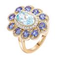 AMDXD 9ct Real Gold Ring Aquamarine Light Blue Flower Engagement Ring Oval Shape Lab Created Sapphire Couple Rings Wedding Band Au 375 for Women, 18 Carat (750) Yellow Gold, Aquamarine