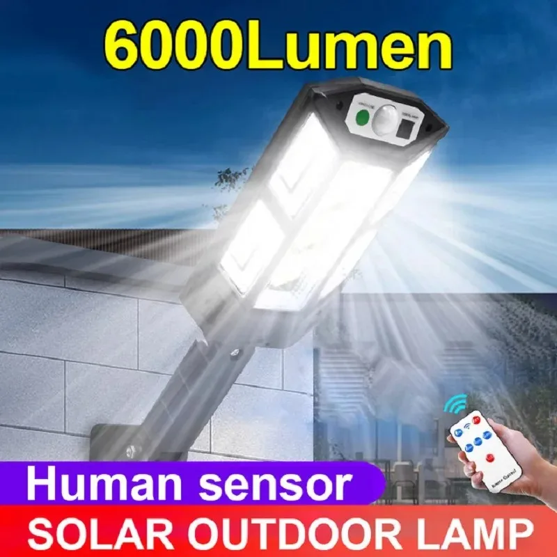 Neueste 6000lm Outdoor Solar LED Lampe super helle Solar Straßen laterne mit Bewegungs sensor Fernbedienung Garten leuchten wasserdicht