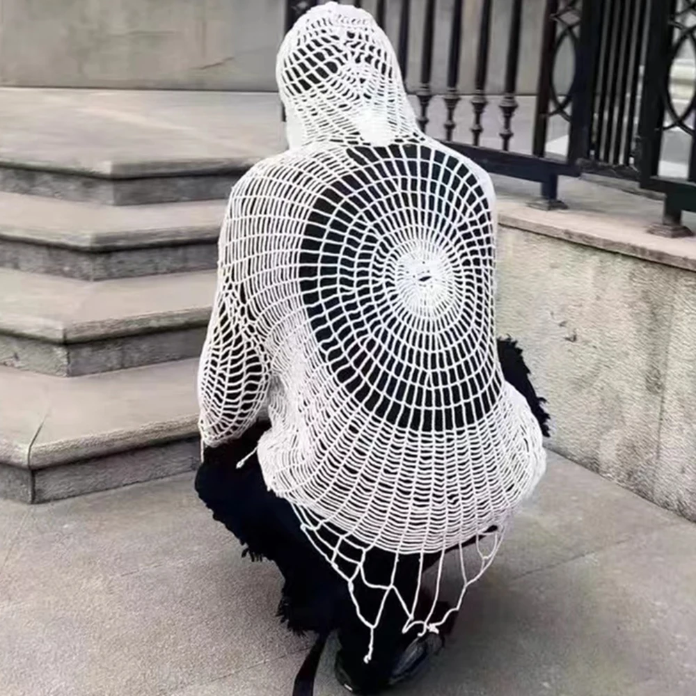 Y2K Straße Kleidung Spinne Web Tops Hohl Loch Design Mit Kapuze Pullover Strickwaren Pullover Männer Koreanische Mode Alte Geschlechtslose Tragen Image