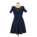 O'Sher Casual Dress - Fit & Flare: Blue Dresses - Women's Size Large