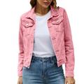 iOPQO womens sweaters Women s Basic Solid Color Button Down Denim Cotton Jacket With Pockets Denim Jacket Coat Women s Denim Jackets Pink L