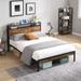 Full Size Metal Platform Bed Frame with Wooden Headboard and Footboard with USB LINER, No Box Spring Needed