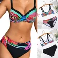 Leaves Print Sexy Bikini Women's High Waist Split Swimsuit Push Up Backless Padded Swimwear Biquini