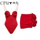 CPUTAN-Bikini brésilien à fleurs 3D pour femme ensemble maillot de bain rouge jupe de bain