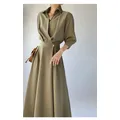 LMQ-Robe Longue de Luxe pour Femme Design Français Col à Revers Haut de Gamme Élégante Mode