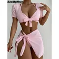 Ensemble de 4 pièces de bikini sexy taille haute pour femme maillot de bain de couleur unie