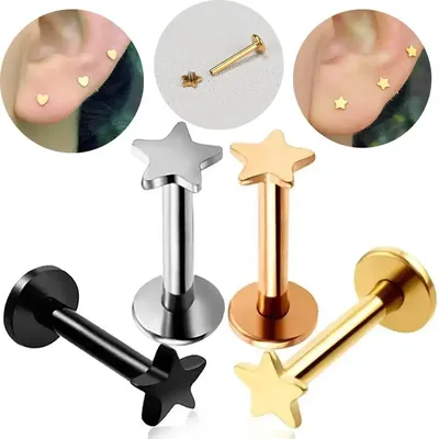 16G Piercing Titanium Steel Internal Thread Labret Flat Star Heart Top Tragus Helix Cartilage
