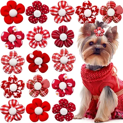 10/20pcs Flower Dog Hair Bow Red Style Valentine's Day Decorate Dog Bowknot with Rubber Bands for