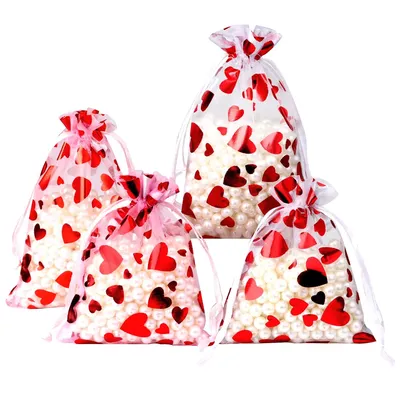 25/50pcs/lot Hot Red Printing Organza Gift Bag Love Heart Drawstring Pouches For Wedding Valentine
