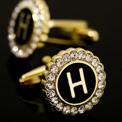 2 Pcs Crystal Around Initial A-Z Cufflinks Alphabet Letter Rhinestone Round Cuff Links For Business